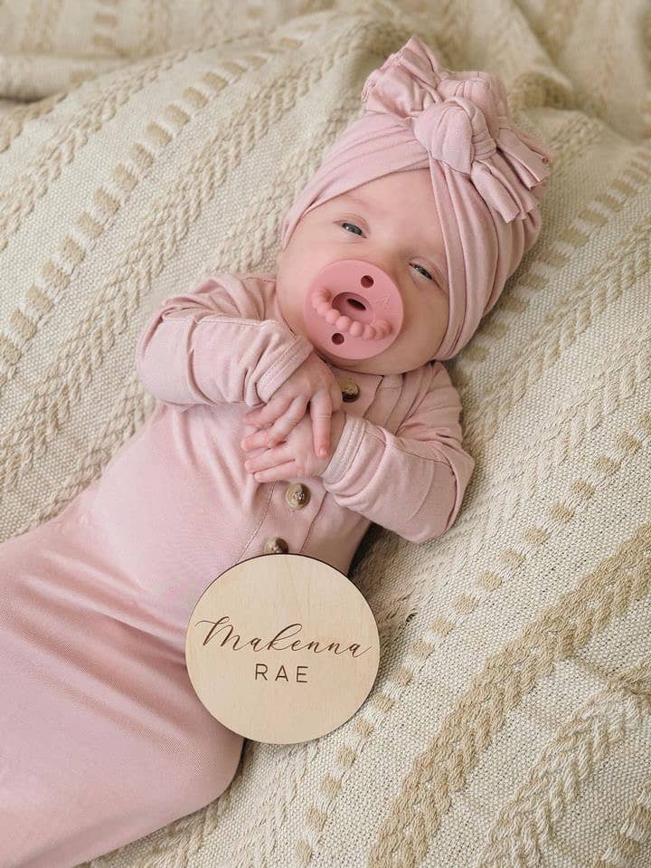 Newborn Baby Gown and 3 Bow Turban Hat - Dusty Rose