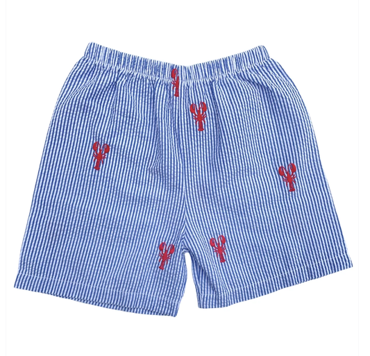 Blue Seersucker Kids Shorts with Red Embroidered Lobsters