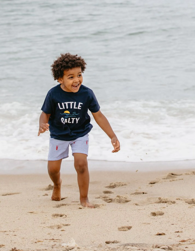 Blue Seersucker Kids Shorts with Red Embroidered Lobsters