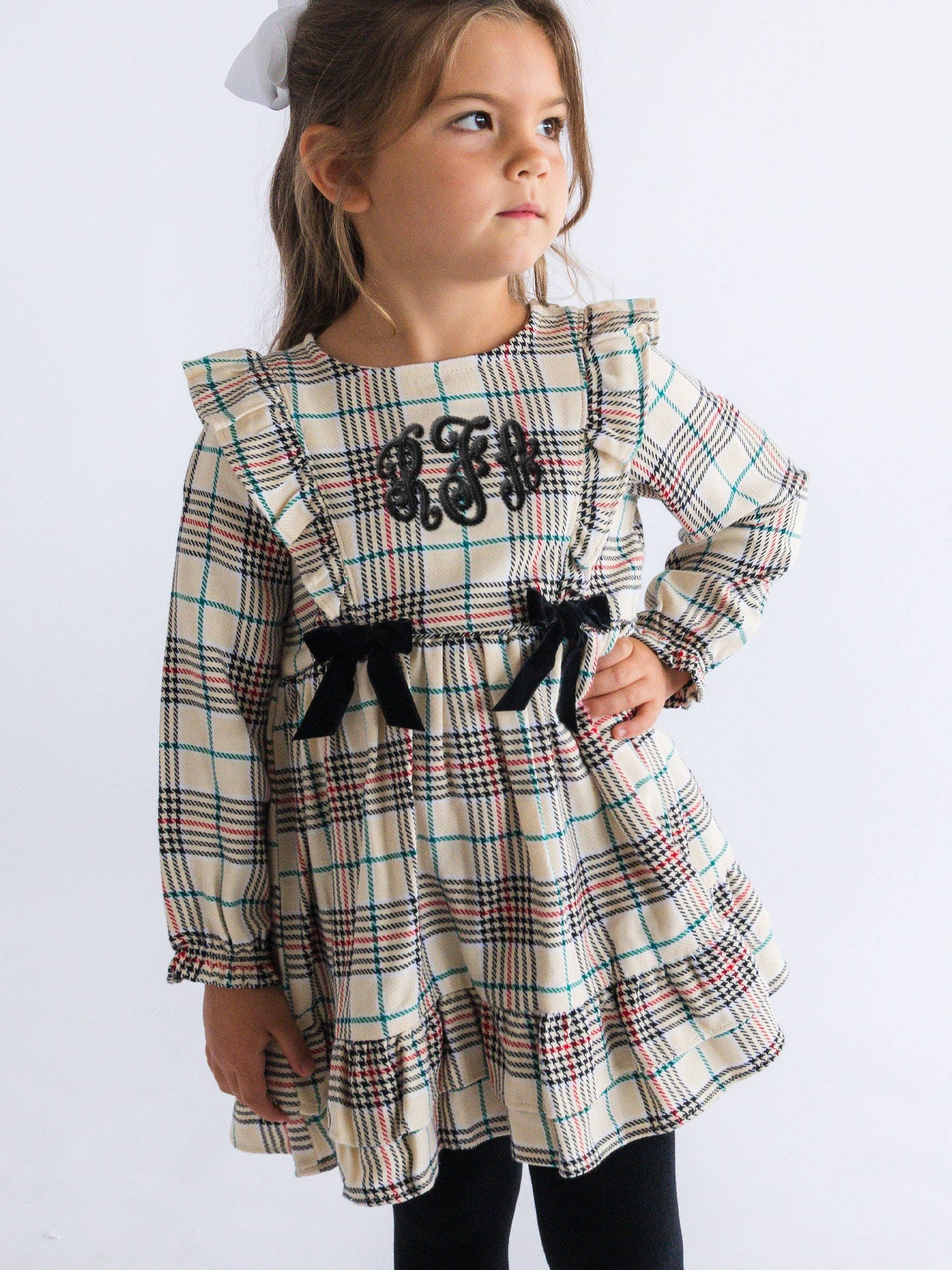 Plaid Long Sleeve Bow Dress