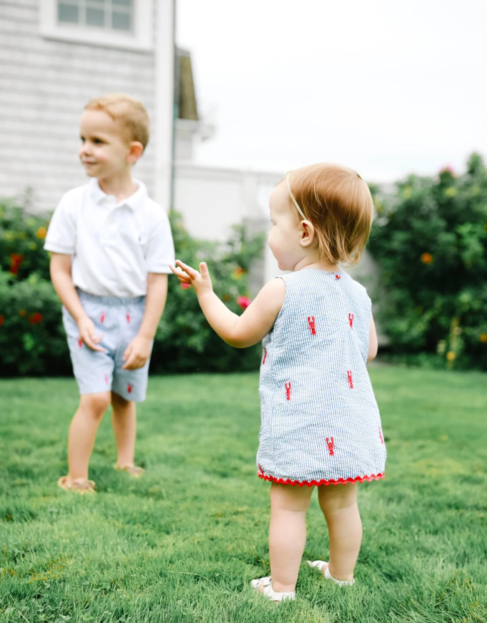 Blue Seersucker Kids Shorts with Red Embroidered Lobsters
