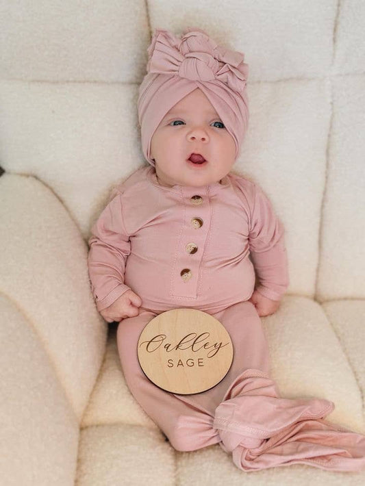 Newborn Baby Gown and 3 Bow Turban Hat - Dusty Rose