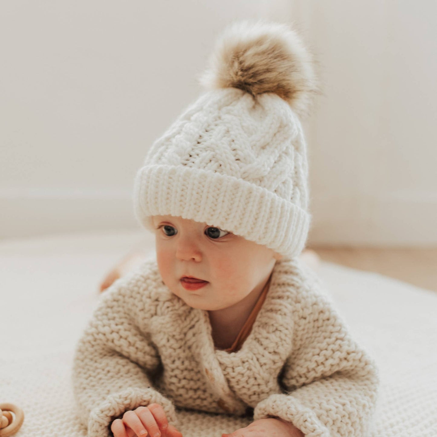 Winter White Pop Pom Pom Beanie Hat Baby & Kids