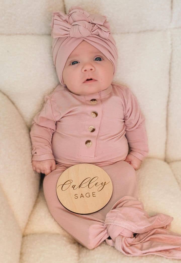 Newborn Baby Gown and 3 Bow Turban Hat - Dusty Rose