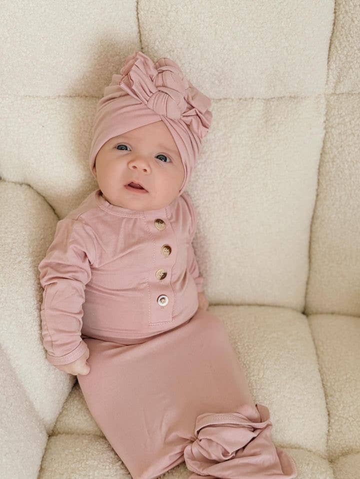 Newborn Baby Gown and 3 Bow Turban Hat - Dusty Rose
