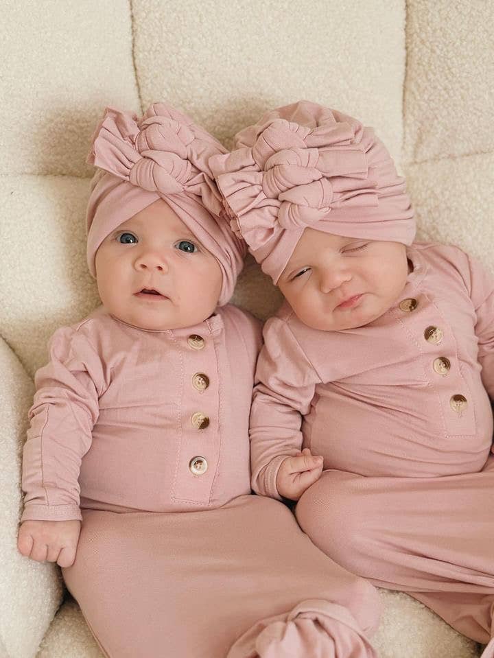 Newborn Baby Gown and 3 Bow Turban Hat - Dusty Rose